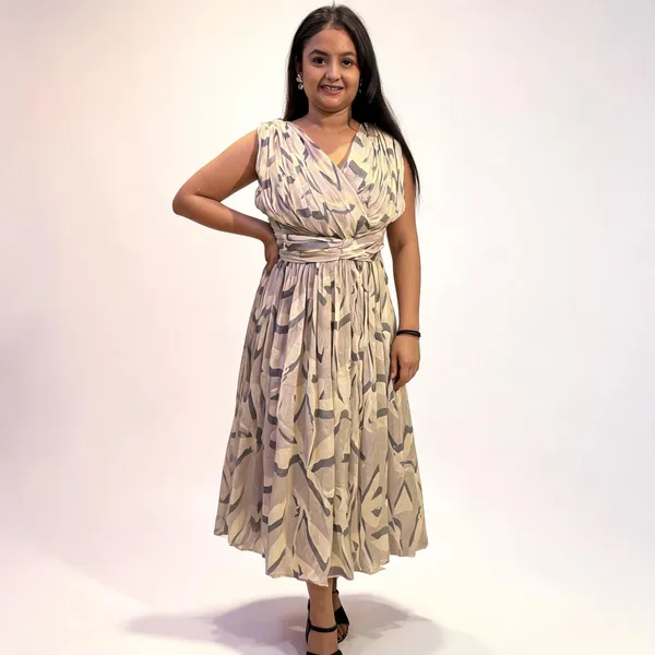 Beige_Printed_Draped_Midi_Dress_For_Women