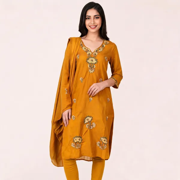 Mustard_Embroidered_Straight_Kurta_Set_For_Women