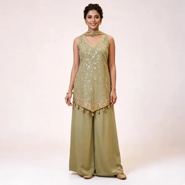 Olive_Embellished_Sleeveless_Kurta_Palazzo_Set_For_Women