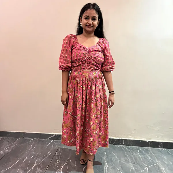 Pink_Floral_Print_Gathered_Midi_Dress_For_Women