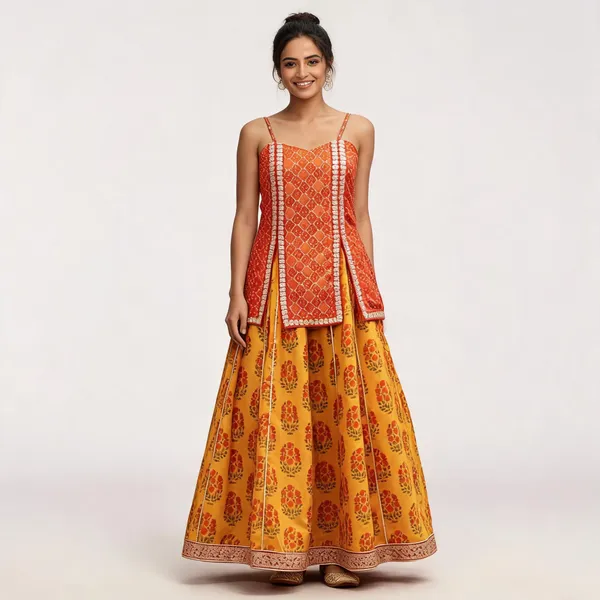 Orange_Embroidered_Sleeveless_Lehenga_Set_For_Women