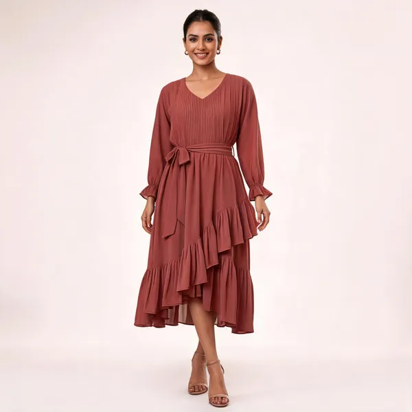 Rose_Brown_Pleated_Tiered_Midi_Dress_For_Women
