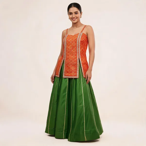 Orange_Printed_Sleeveless_Lehenga_Set_For_Women