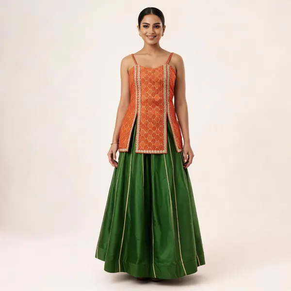 Orange_Printed_Sleeveless_Lehenga_Set_For_Women