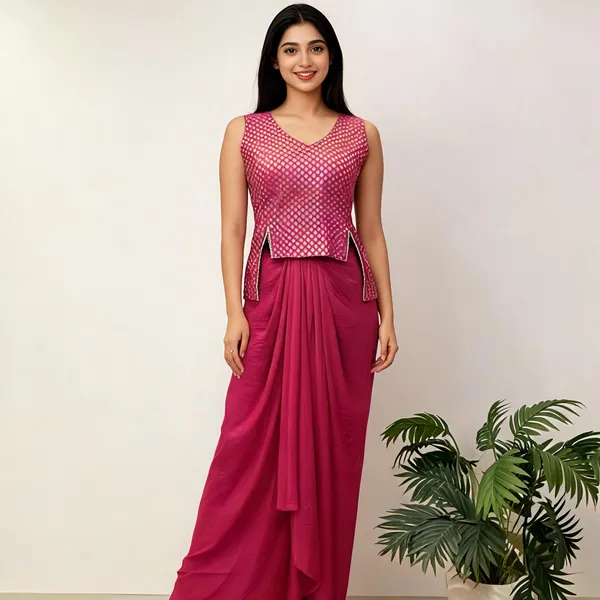 Pink_Gold_Polka_Dot_Draped_Saree_Gown_For_Women