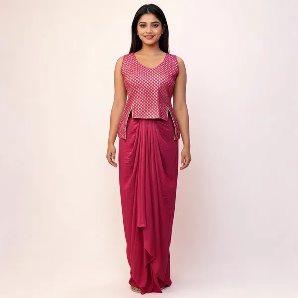 Pink_Gold_Polka_Dot_Draped_Saree_Gown_For_Women