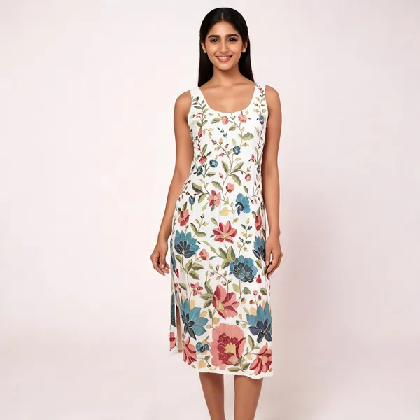 White_Floral_Print_Sleeveless_Midi_Dress_For_Women