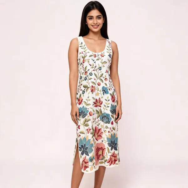 White_Floral_Print_Sleeveless_Midi_Dress_For_Women