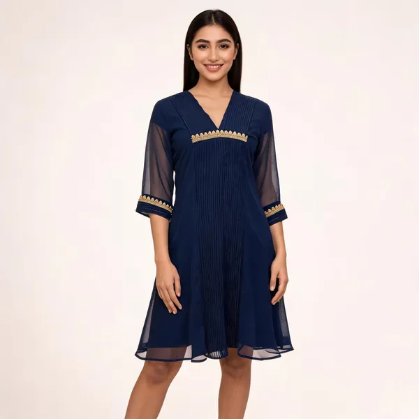 Navy_Pleated_Flared_Dress_For_Women