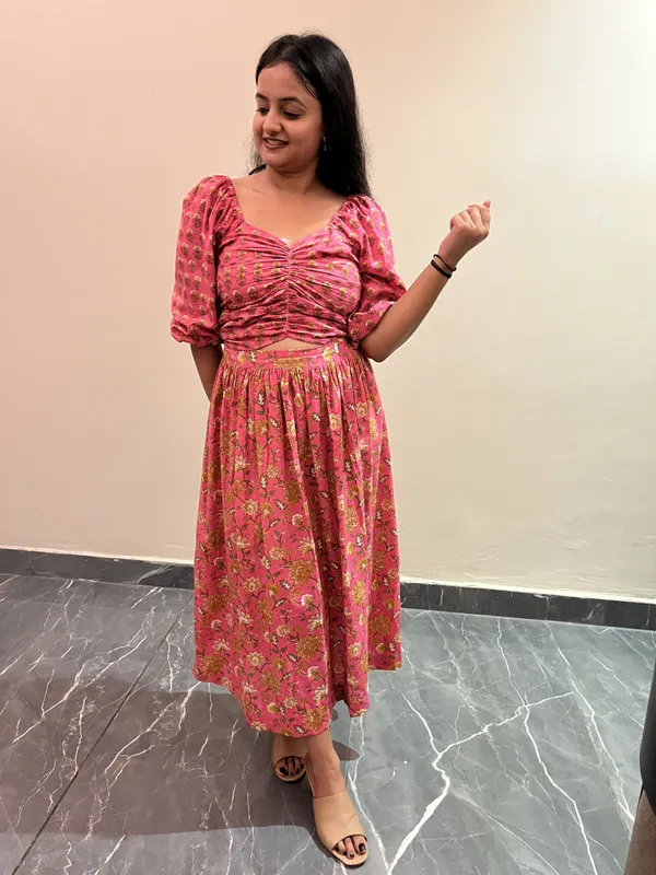 Pink_Floral_Print_Gathered_Midi_Dress_For_Women