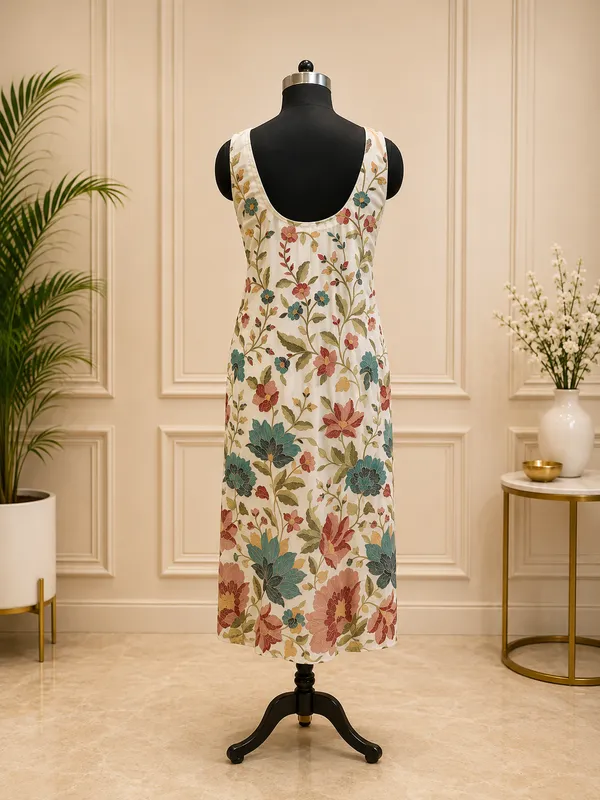 White_Floral_Print_Sleeveless_Midi_Dress_For_Women