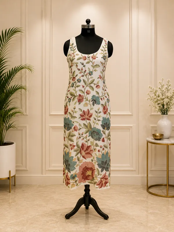 White_Floral_Print_Sleeveless_Midi_Dress_For_Women