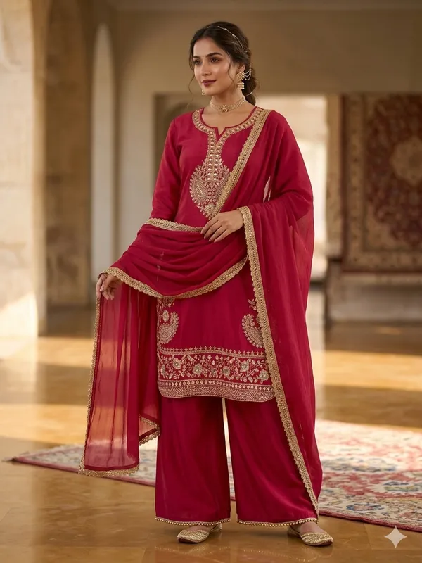 Red_Embroidered_Straight_Fit_Suit_Set_For_Women