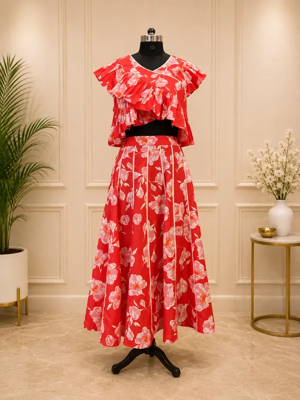 Red_Floral_Print_Crop_Top_And_Skirt_Set_For_Women