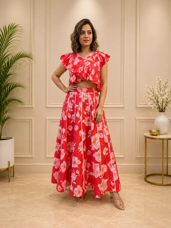Red_Floral_Print_Crop_Top_And_Skirt_Set_For_Women