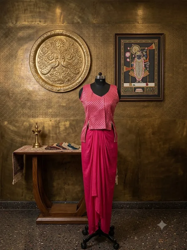 Pink_Gold_Polka_Dot_Draped_Saree_Gown_For_Women