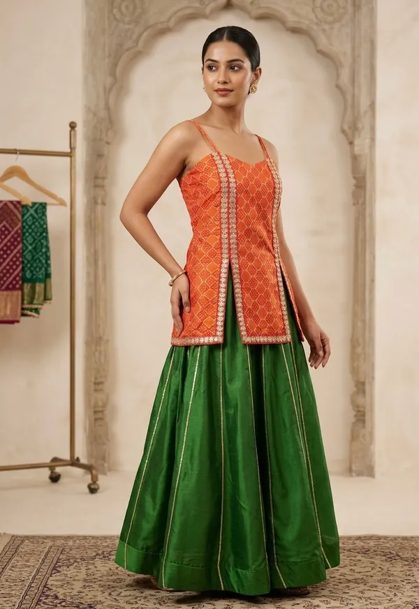 Orange_Printed_Sleeveless_Lehenga_Set_For_Women