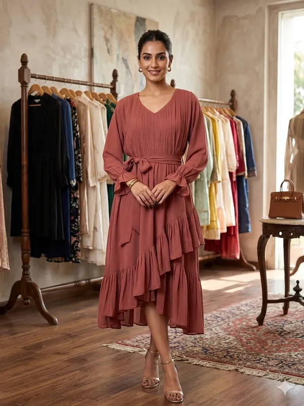 Rose_Brown_Pleated_Tiered_Midi_Dress_For_Women