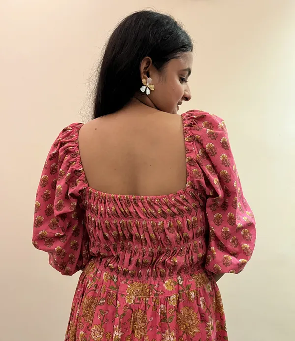 Pink_Floral_Print_Gathered_Midi_Dress_For_Women