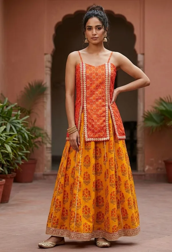 Orange_Embroidered_Sleeveless_Lehenga_Set_For_Women