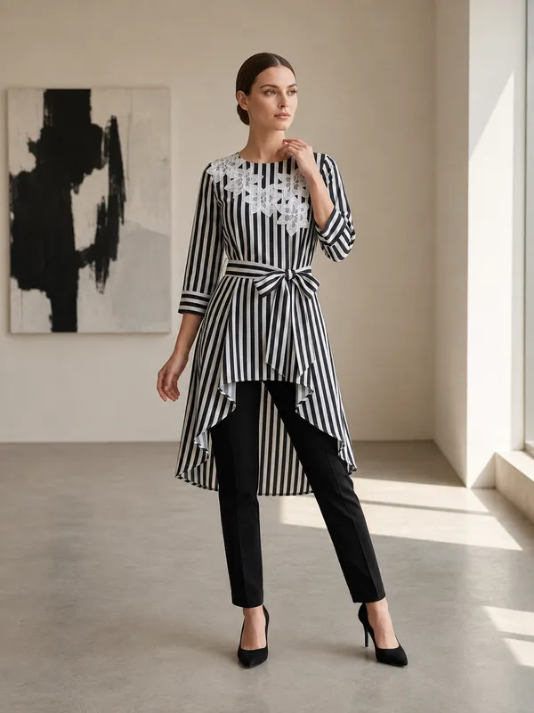 Black_Striped_Tie_Waist_Tunic_For_Women