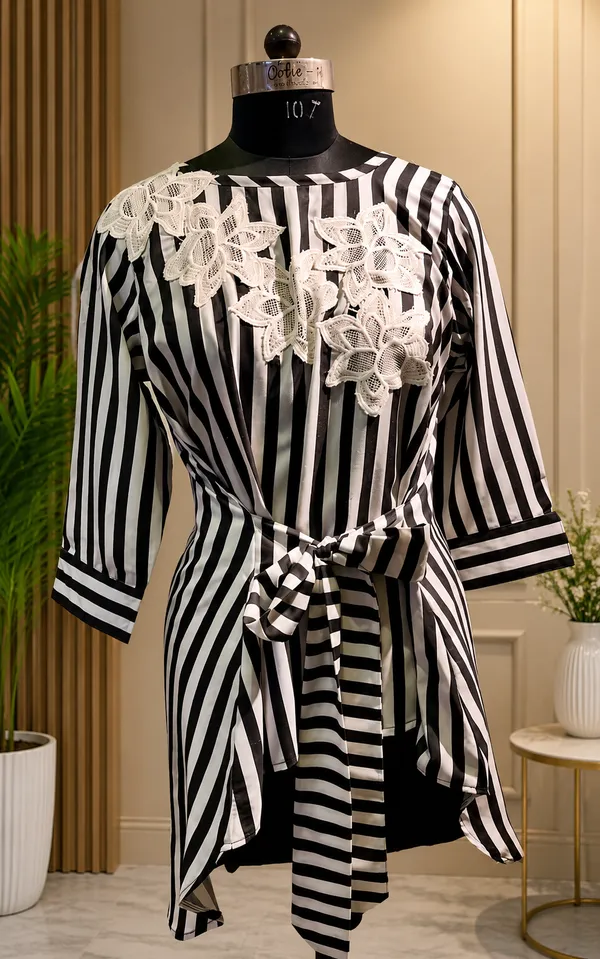 Black_Striped_Tie_Waist_Tunic_For_Women