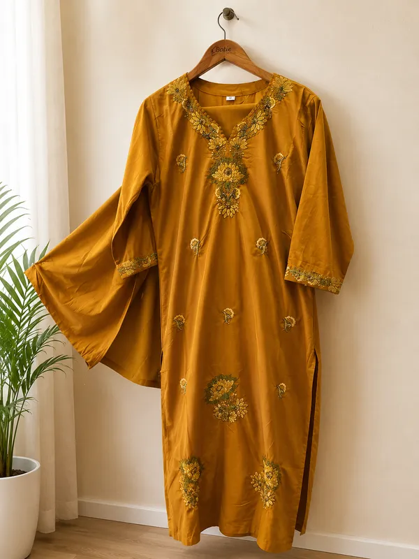 Mustard_Embroidered_Straight_Kurta_Set_For_Women