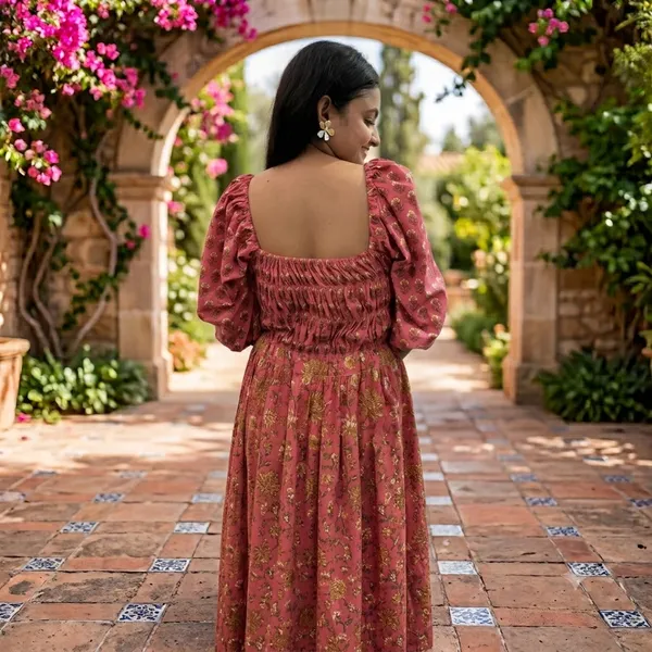 Pink_Floral_Print_Gathered_Midi_Dress_For_Women