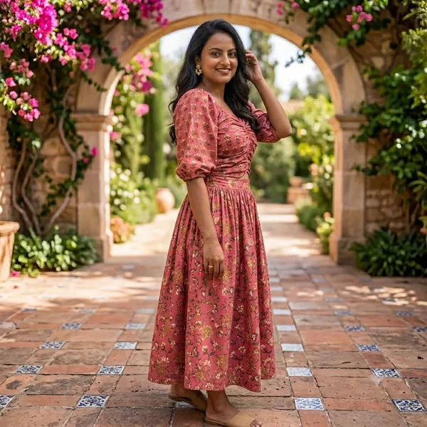 Pink_Floral_Print_Gathered_Midi_Dress_For_Women