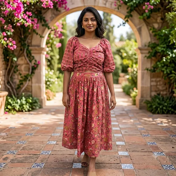 Pink_Floral_Print_Gathered_Midi_Dress_For_Women