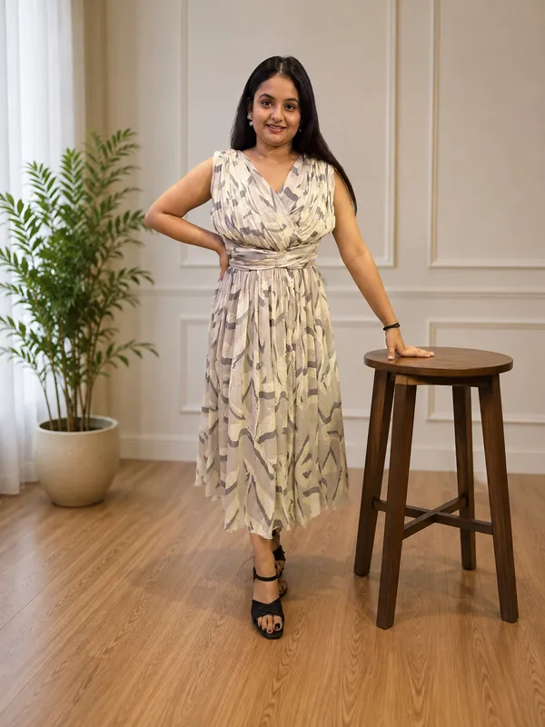 Beige_Printed_Draped_Midi_Dress_For_Women