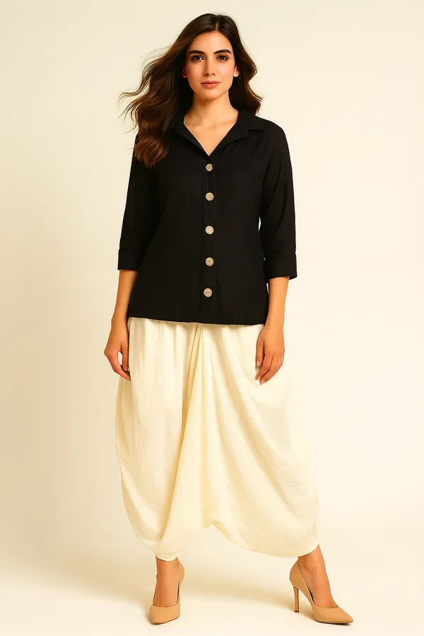 Ivory_Linen_Cowl_Skirt_With_Rayon_Shirt