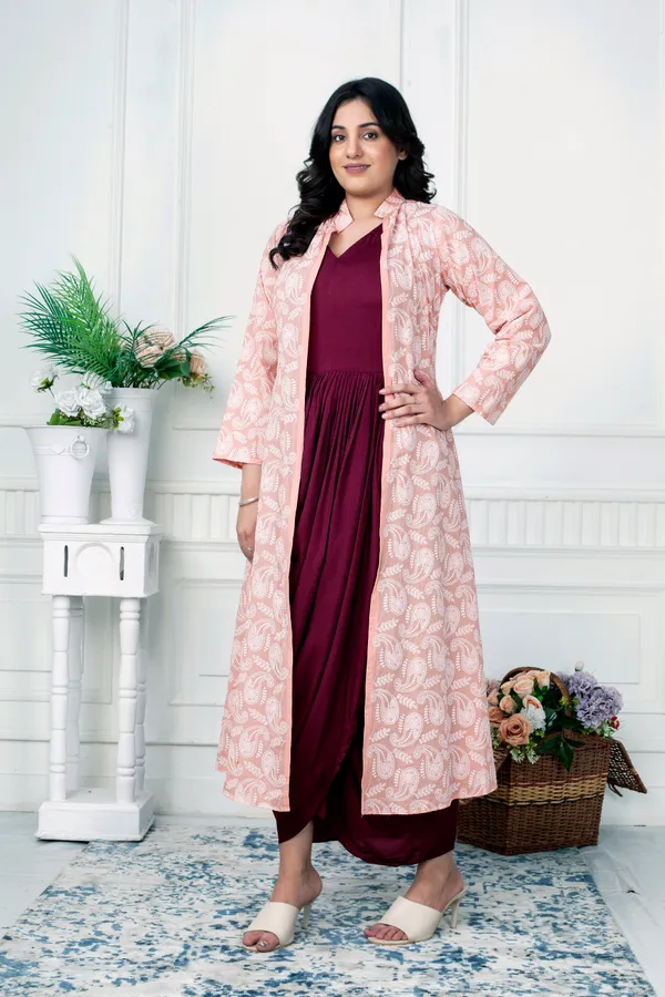 Wine_Elegance_Cowl_Dress_With_Blush_Chikankari_Jacket