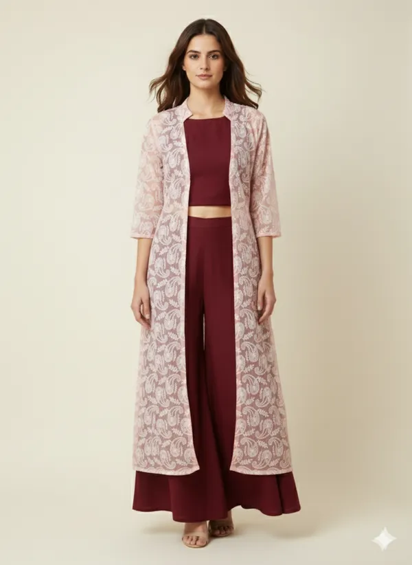 Wine_Crop_Top_And_Pallazo_With_Pink_Chickenkari_Jacket