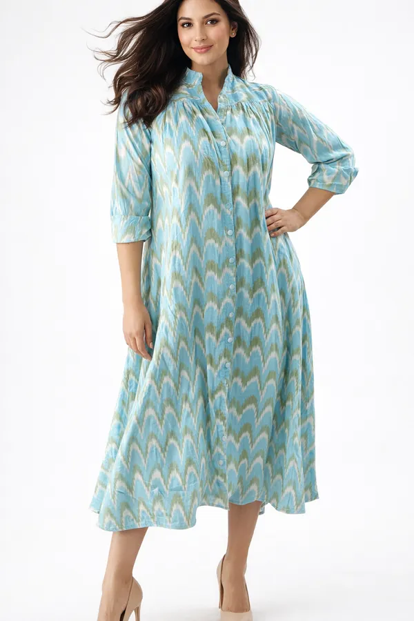 Aqua_Blue_Ikat_Handloom_Gathered_Shirt_Dress