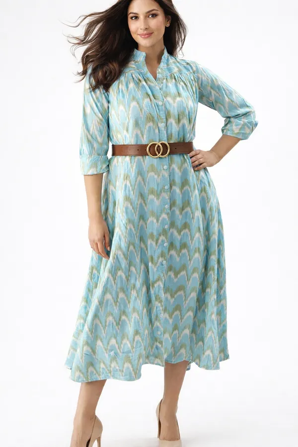 Aqua_Blue_Ikat_Handloom_Gathered_Shirt_Dress