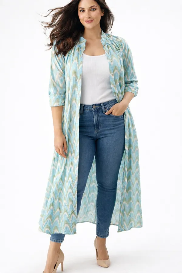 Aqua_Blue_Ikat_Handloom_Gathered_Shirt_Dress