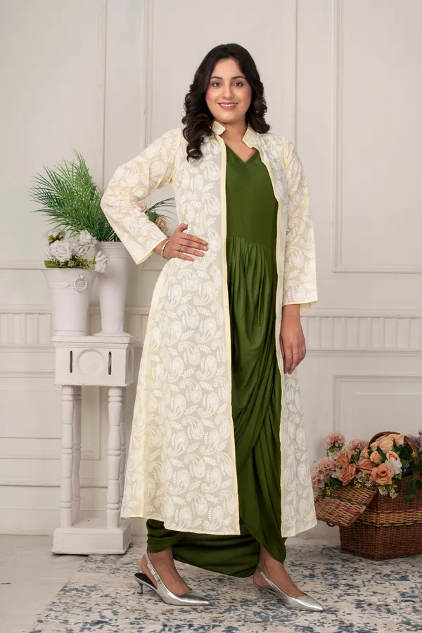 Olive_Grace_Draped_Dress_With_Chickenkari_Jacket