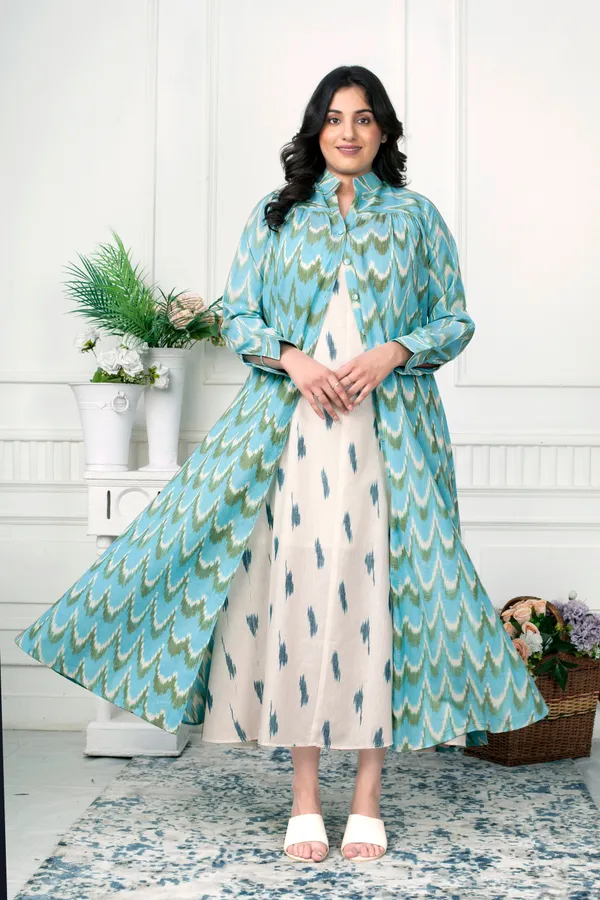 Aqua_Blue_Ikat_Handloom_Jacket_Dress