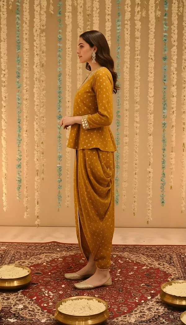 Mustard_Mirror_Work_Dhoti_Set_With_Printed_V_Neck_Top