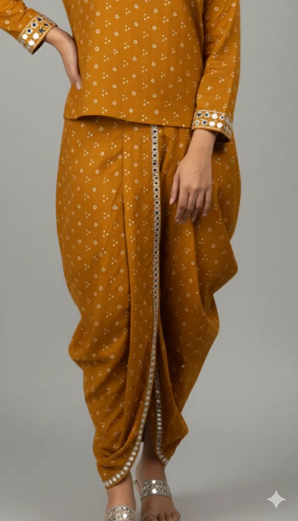 Mustard_Mirror_Work_Dhoti_Set_With_Printed_V_Neck_Top