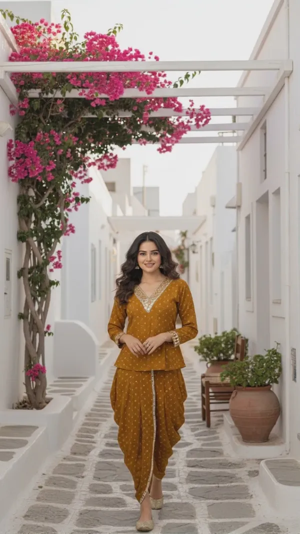 Mustard_Mirror_Work_Dhoti_Set_With_Printed_V_Neck_Top