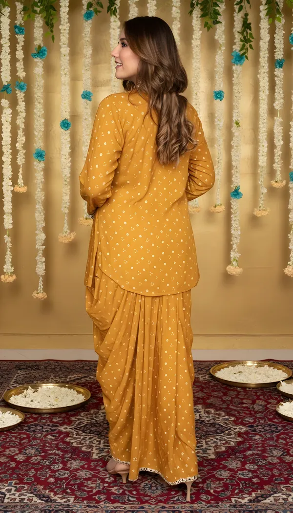 Mustard_Mirror_Work_Dhoti_Set_With_Printed_V_Neck_Top