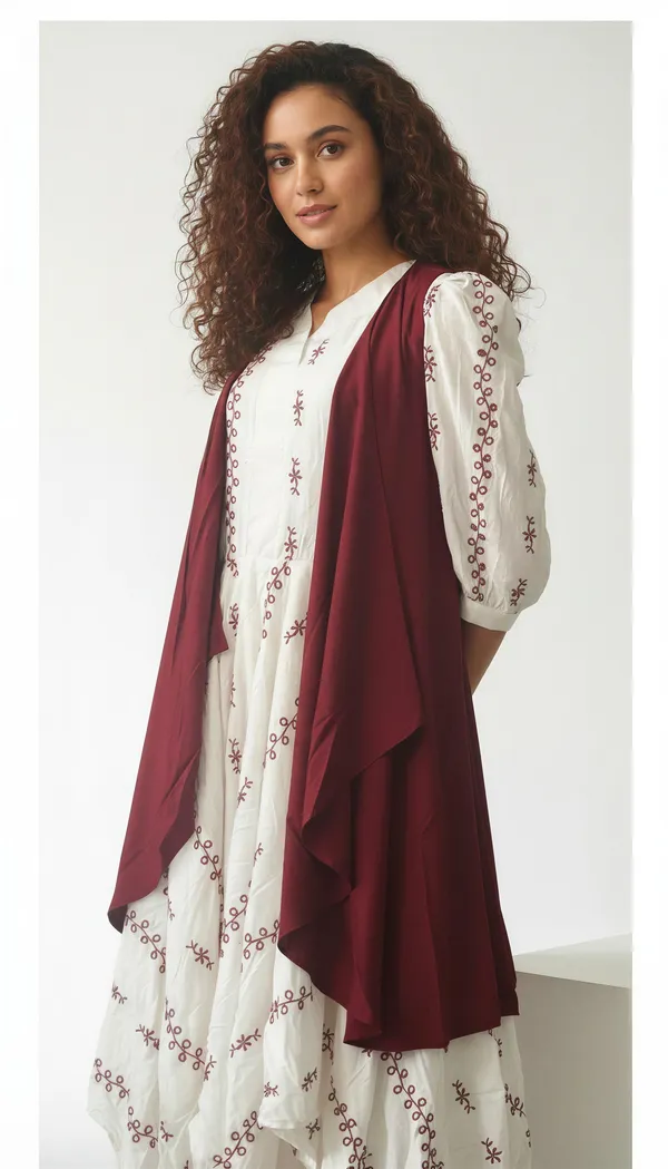 Ivory_Embroidered_Asymmetric_Dress_With_Maroon_Jacket