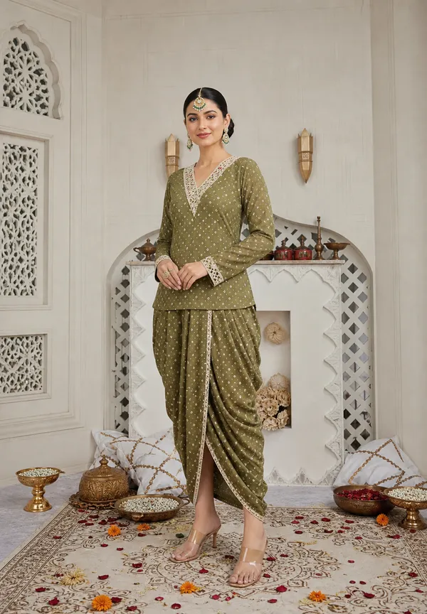 Olive_Green_Mirror_Work_Dhoti_Set_With_Printed_V_Neck_Top