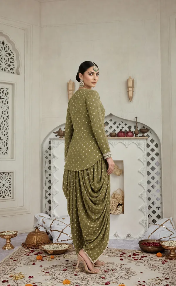 Olive_Green_Mirror_Work_Dhoti_Set_With_Printed_V_Neck_Top