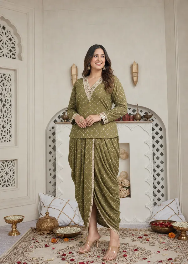 Olive_Green_Mirror_Work_Dhoti_Set_With_Printed_V_Neck_Top