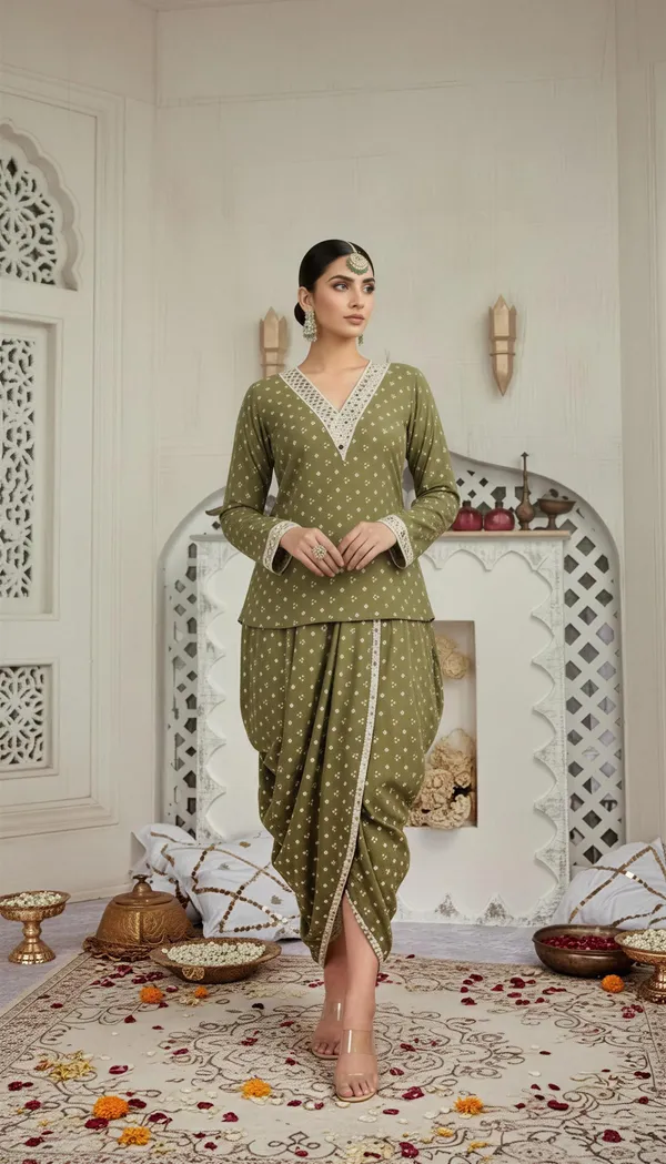 Olive_Green_Mirror_Work_Dhoti_Set_With_Printed_V_Neck_Top