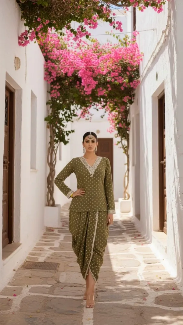 Olive_Green_Mirror_Work_Dhoti_Set_With_Printed_V_Neck_Top