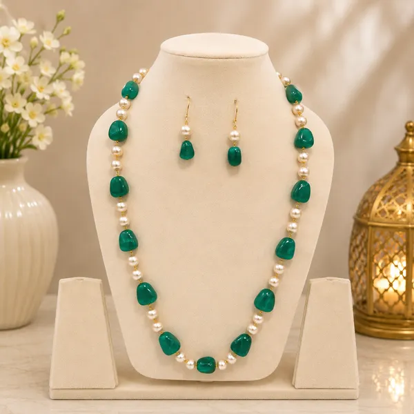 Green_Onyx_Beaded_Necklace_&_Pearl_Earrings_Set_with_Adjustable_Brass_Chain_for_Women